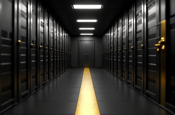 A sleek, modern server room with a central golden pathway flanked by rows of black server racks.