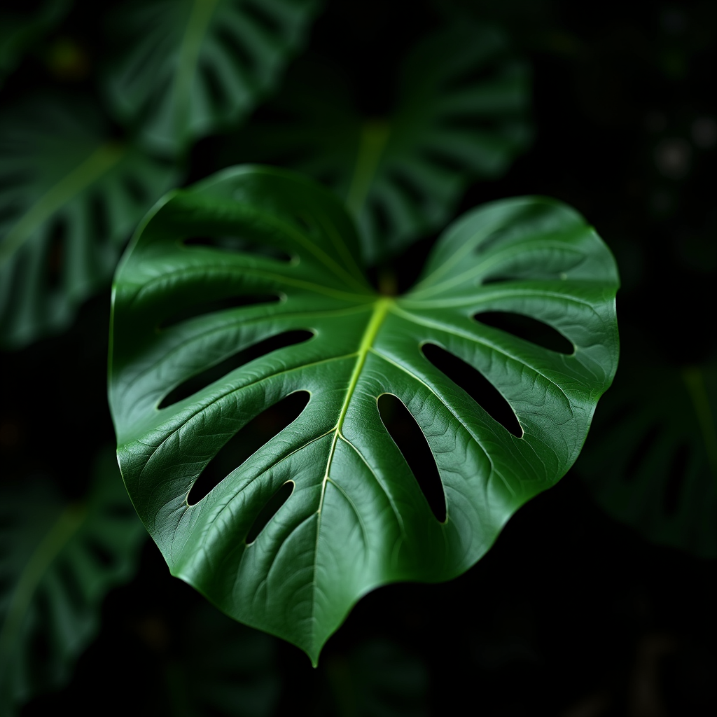 Close-up of a vibrant green monstera leaf with deep cuts against a dark background.