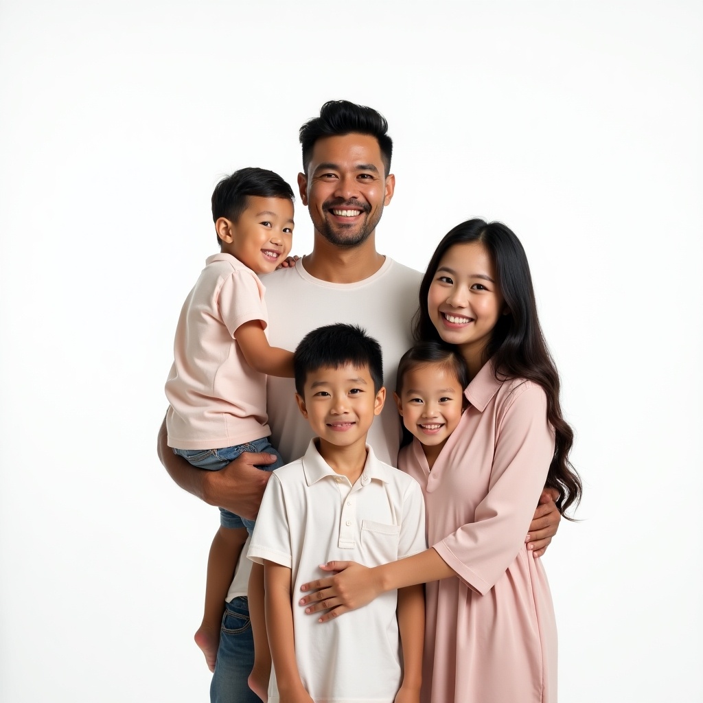 This image showcases an Indonesian family of four against a clean white background. The family includes a smiling man, around 35 years old, and a woman, about 25, both dressed in pastel colors. They are accompanied by two young boys, both around 5 years old, who also wear light pastel clothes. The photo conveys warmth and joy, highlighting the close bond among family members. The overall look is polished, reminiscent of high-quality photography typically captured with a professional camera in a bright setting.