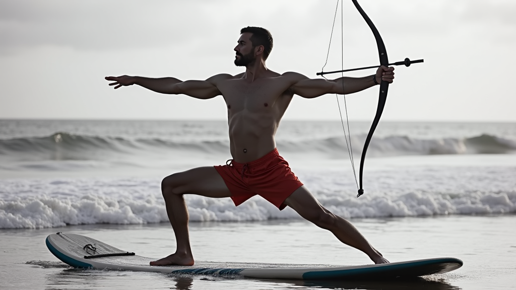 A man practicing archery on a surfboard at the beach, maintaining balance as waves roll in.