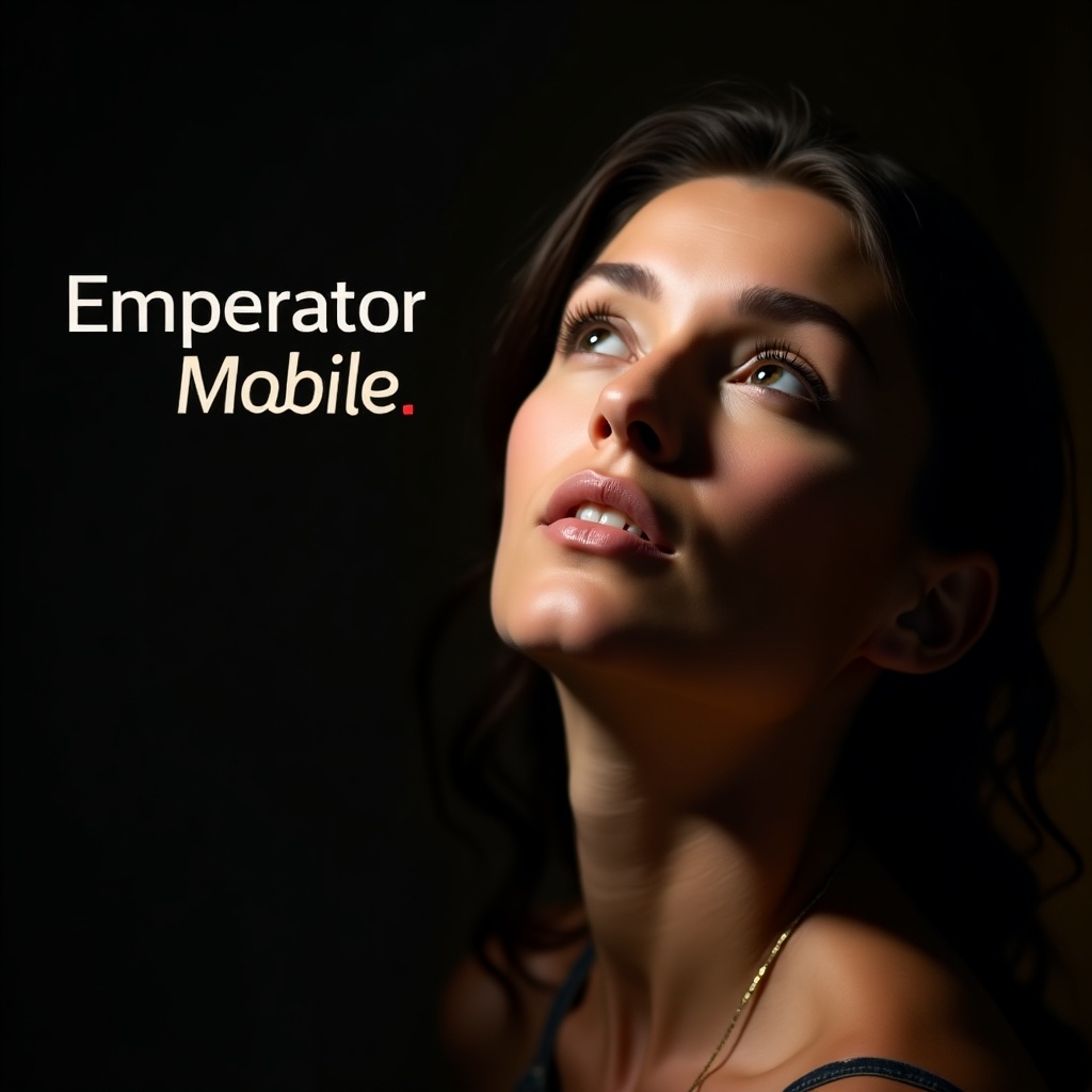 Woman gazes upwards with wonder. Natural soft lighting highlights features. Dark blurred background. Text 'Emperator Mobile' suggests luxury mobile brand.