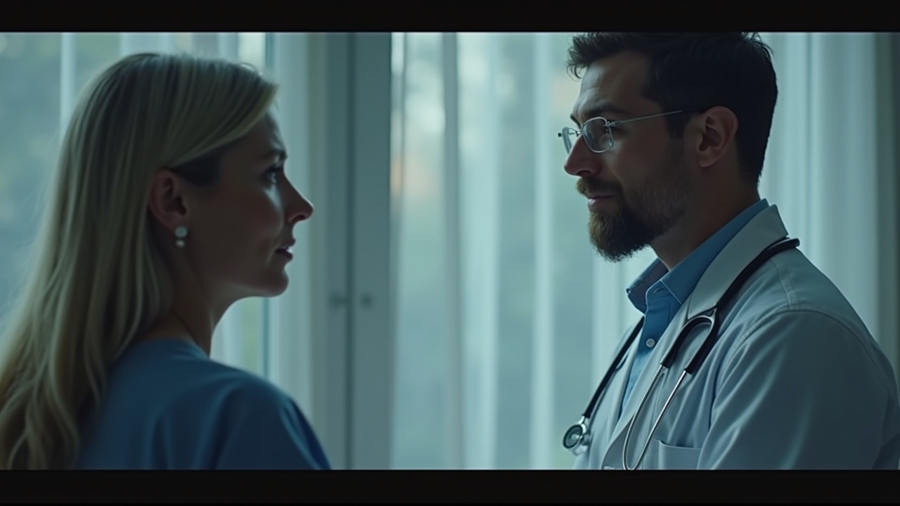 A doctor wearing a white coat and stethoscope converses with a nurse in a hospital setting, with soft natural light coming through the window.