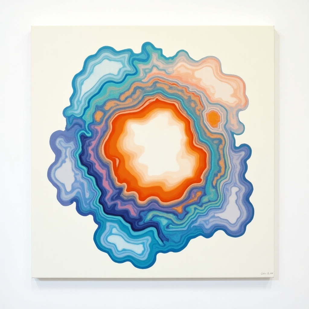 Painting features blue and orange liquid shapes on white background. Swirling patterns with cream paper texture. Includes muted colors and a white table. Evokes a sense of connectedness. Created by Whitney Sherman.