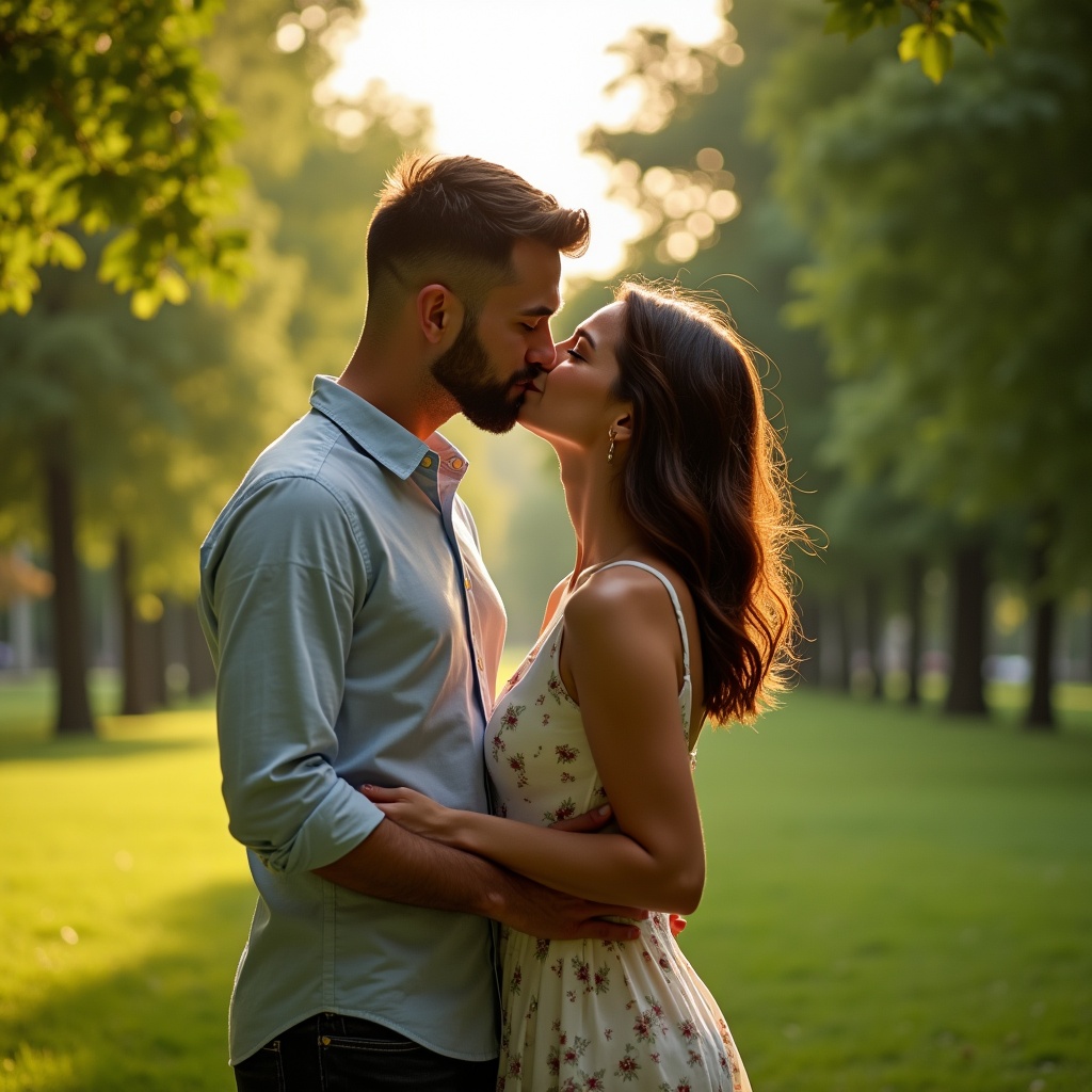 A couple shares a kiss in a park. Lush greenery surrounds them. Soft daylight creates a romantic atmosphere.