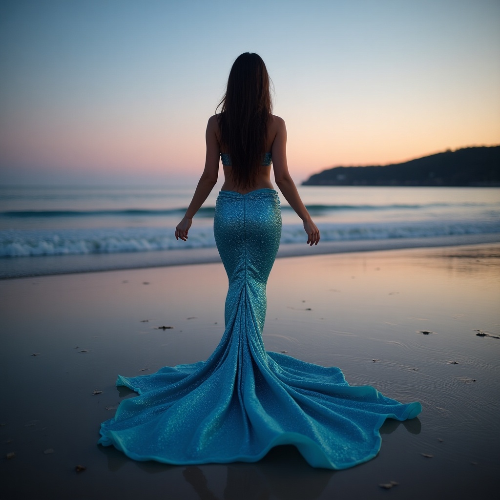 A mermaid with a shimmering blue tail stands gracefully on a beach at twilight. The setting sun casts a magical glow, creating a dreamy atmosphere. The gentle waves lap at the shoreline, reflecting the vibrant colors of the sky. The mermaid's long hair flows with the breeze, adding to her enchanting presence. This scene captures the essence of fantasy and natural beauty.