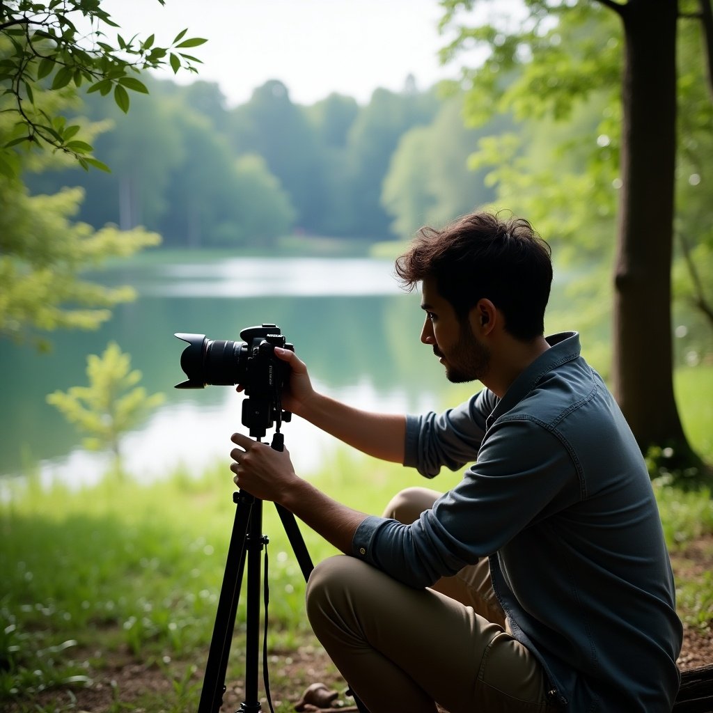 A person adjusting a camera on a tripod in a natural setting near a lake surrounded by trees.