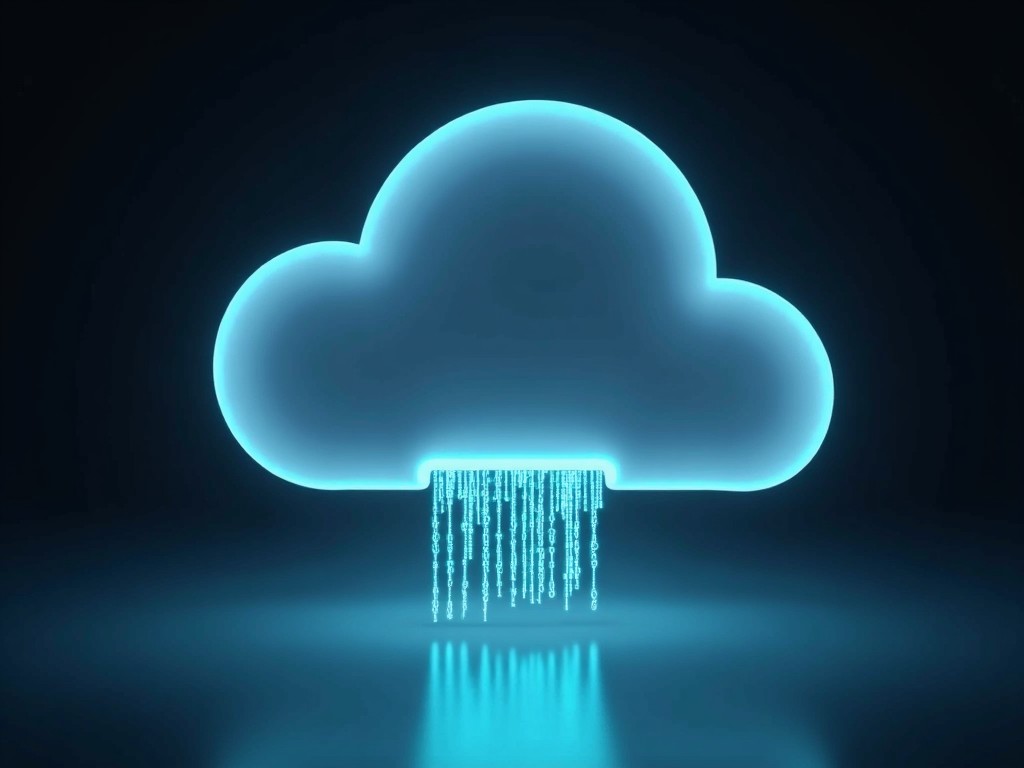 The image features a stylized representation of a cloud, illuminated in a glowing cyan color. Beneath the cloud, vertical lines resembling data or digital information are cascading downwards, creating a visual of data flow. The background is a deep black, which enhances the brightness of the glow. This design conveys themes of technology and cloud computing, making it ideal for tech-related contexts. The overall look is sleek and modern, appealing to digital audiences.