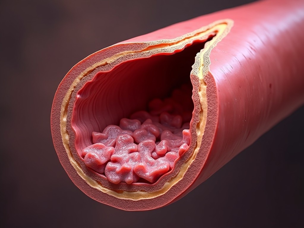 This image presents a highly detailed cross-sectional view of an aneurysm artery. The artery's wall is cut away to reveal the buildup of plaque within the vessel. Understanding this buildup is crucial for studying cardiovascular diseases like atherosclerosis. The layers of the artery are intricately displayed, showcasing its structural composition. Such depictions are essential for educational purposes in medicine and biology.