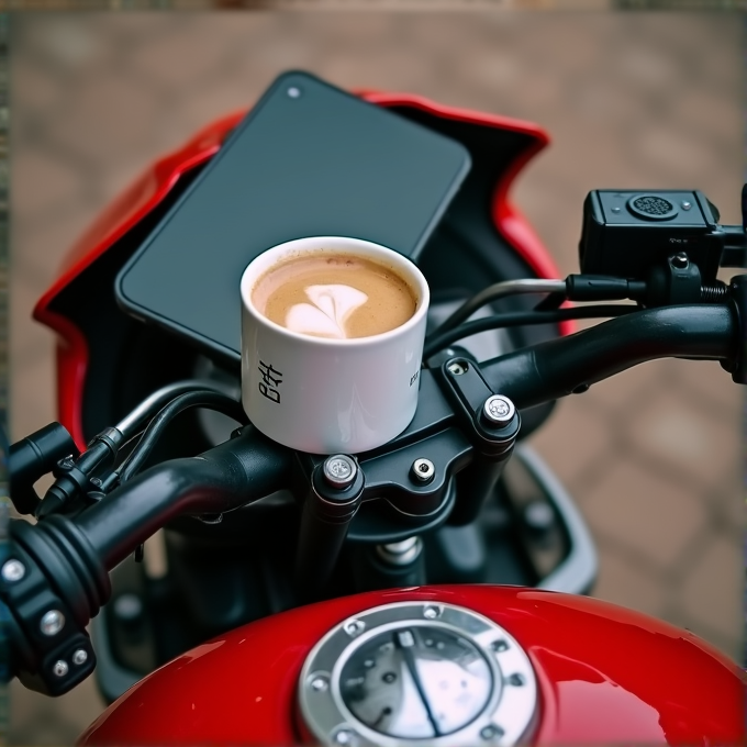 A cup of coffee rests on a red motorcycle's handlebars next to a gadget.