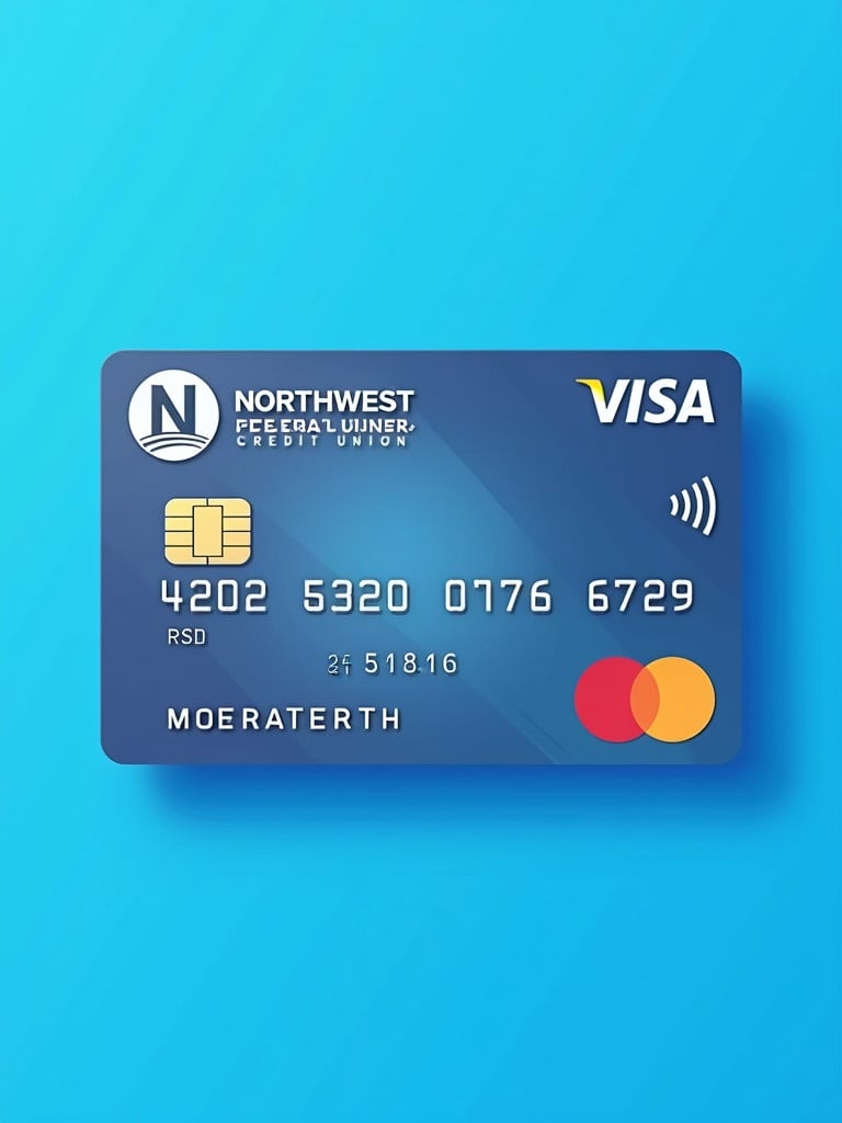 Realistic depiction of a credit card. Features Visa logo and Northwest Federal Credit Union. Clear card number 4202 5320 0767 6729. Expiry date is 08/26. Blue background creates a clean look.