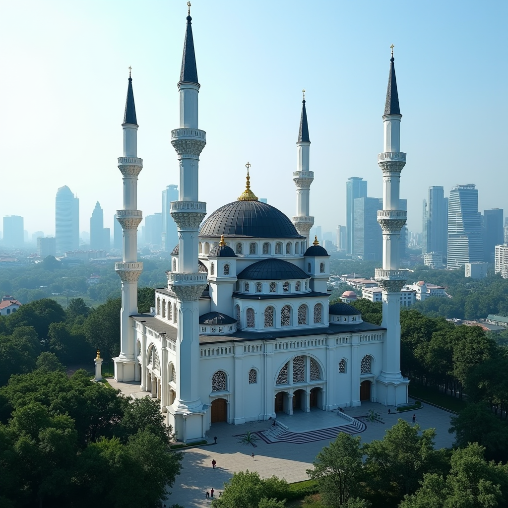 An impressive mosque with four minarets set against a backdrop of modern skyscrapers.