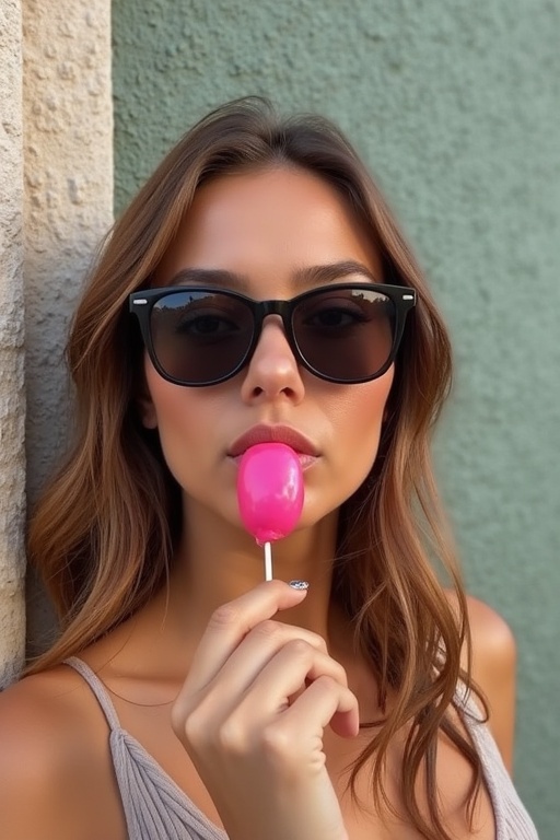 A woman wearing sunglasses enjoys a lollipop. She stands against a textured wall, showcasing a casual and playful vibe. The lighting enhances her relaxed mood. Her hair cascades gently over her shoulders.