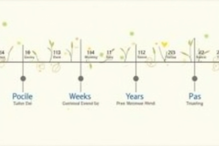 Infographic showing a timeline. Timeline includes days weeks months and years. Decorative elements like leaves and flowers are present.