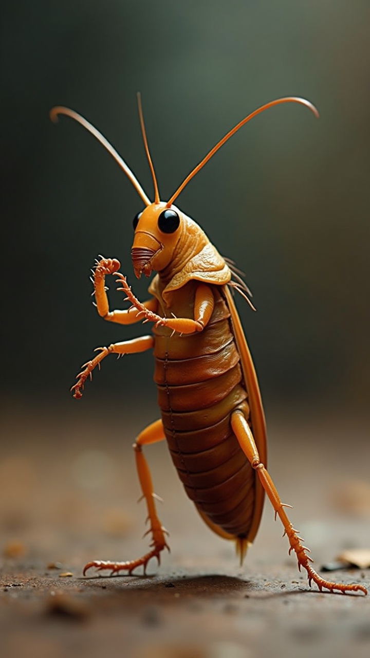 A charismatic cockroach standing on a leaf with dramatic lighting, capturing its elegance and personality.