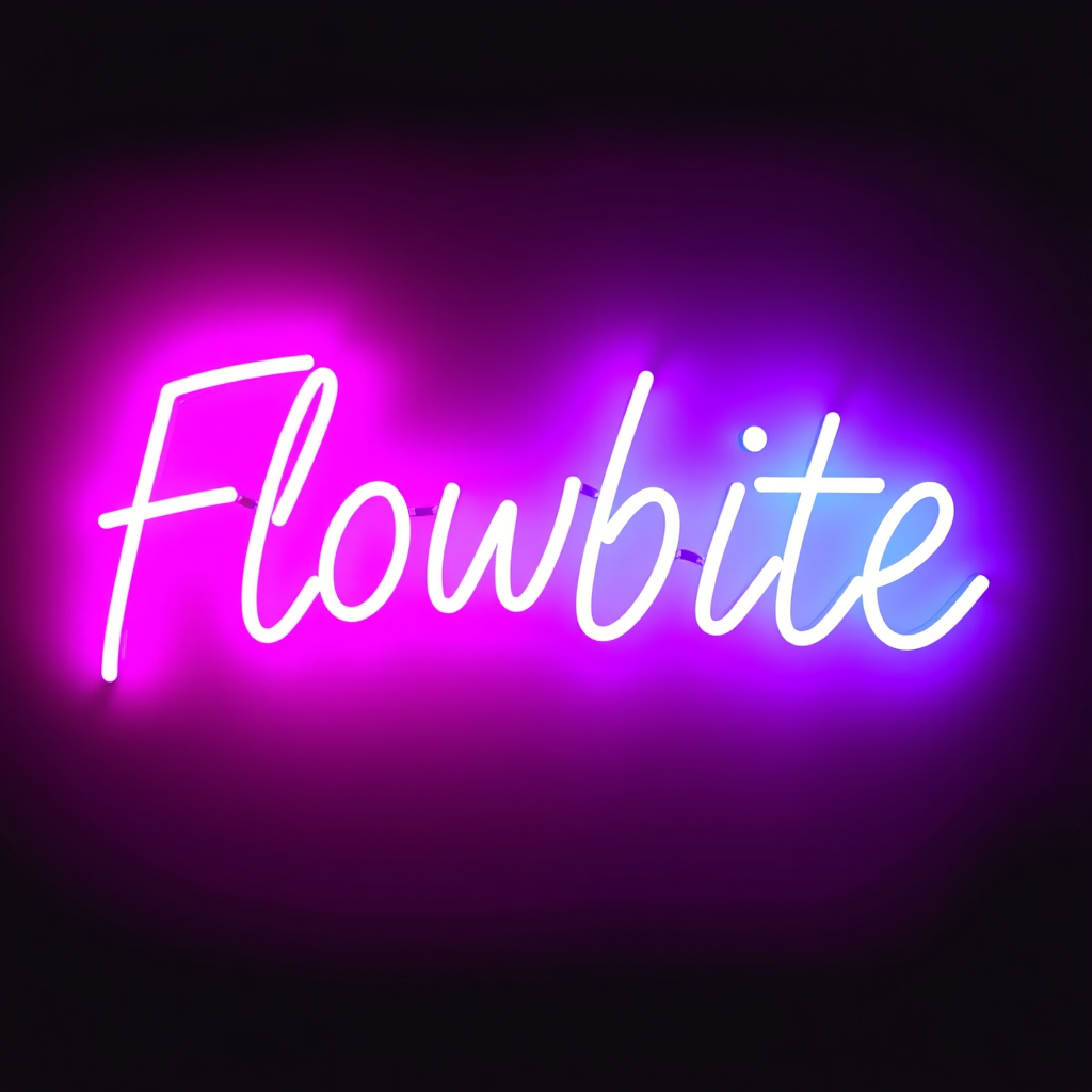 A neon sign displaying the word 'Flowbite' in bright pink and blue lights.