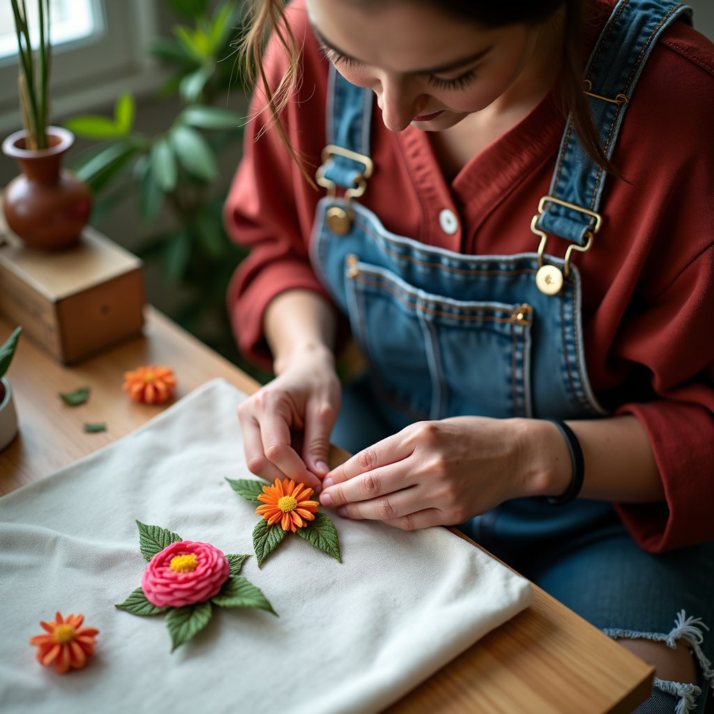 A person meticulously crafting colorful flower designs on a fabric.