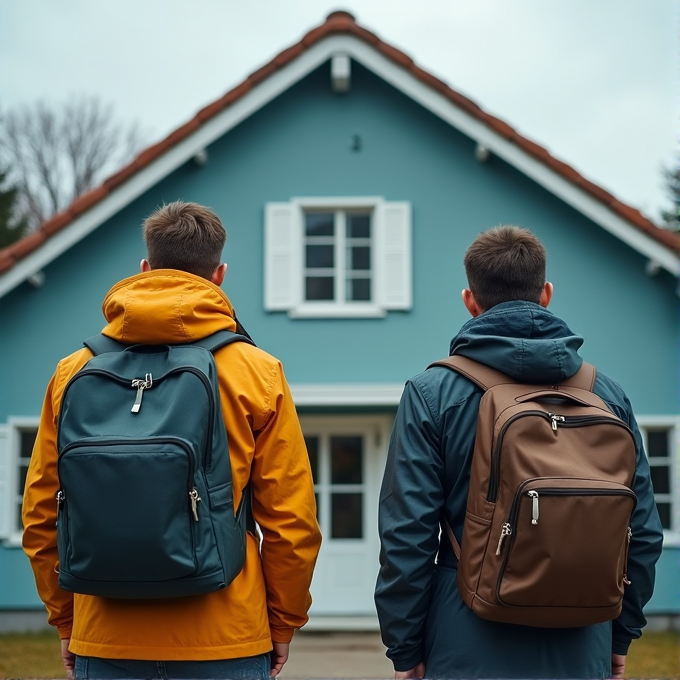 Two people with backpacks stand facing a blue house with white window shutters.