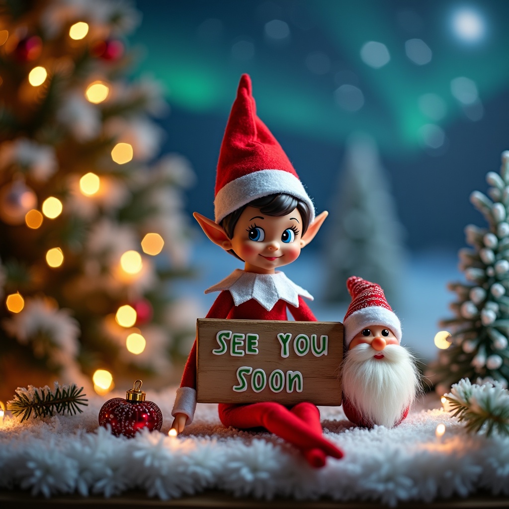 The image features an Elf on the Shelf character cheerfully holding a sign that reads 'See You Soon'. The elf is dressed in traditional Christmas colors, with a festive backdrop filled with twinkling lights and snow-covered trees. In the background, magical northern lights illuminate the night sky. Alongside the elf is a friendly Santa figure, adding to the holiday charm. This scene evokes a warm and cheerful atmosphere, ideal for the Christmas season. The overall composition is designed to capture the festive spirit and anticipation of the holidays.