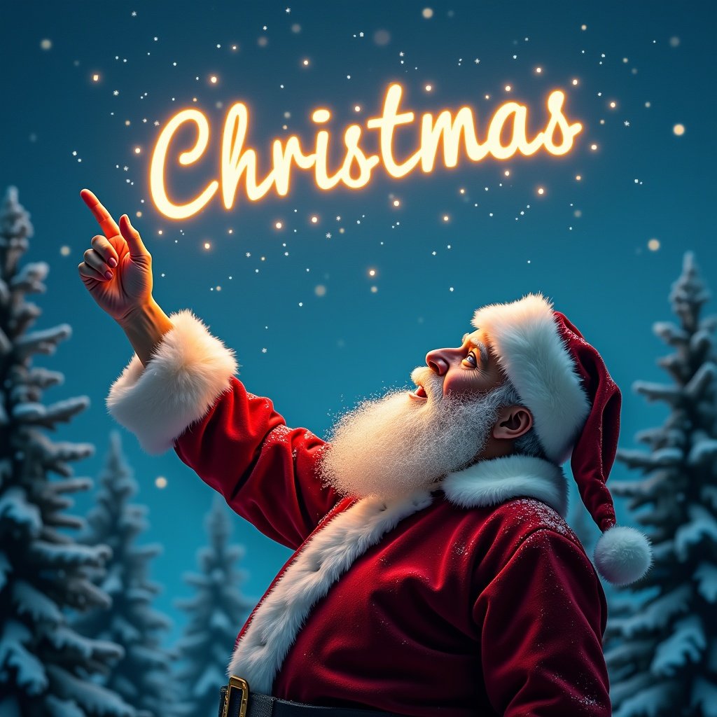 Santa pointing upward while writing in the sky. Snowflakes falling around him. Glowing letters above. Background of snowy trees. Christmas atmosphere.