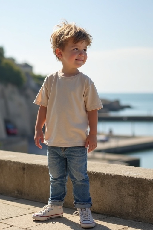 A young boy wears a large natural-colored T-shirt blue jeans and sneakers. He stands confidently on a balcony. The boy has short light brown hair. The background features a sunny harbor in Normandy. The atmosphere is peaceful and quiet.