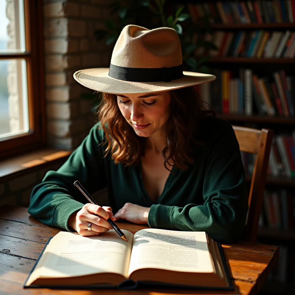 A woman wearing a hat is writing in a book while sitting at a wooden table in a cozy library setting.