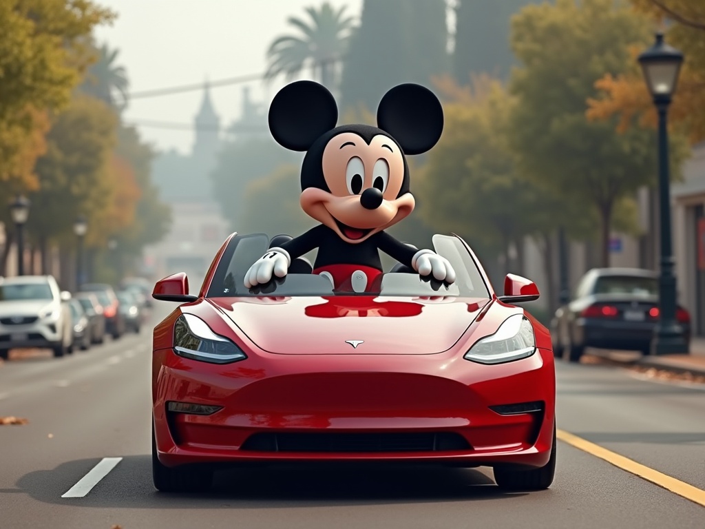 A cartoon character is joyfully driving a red convertible down a tree-lined street.