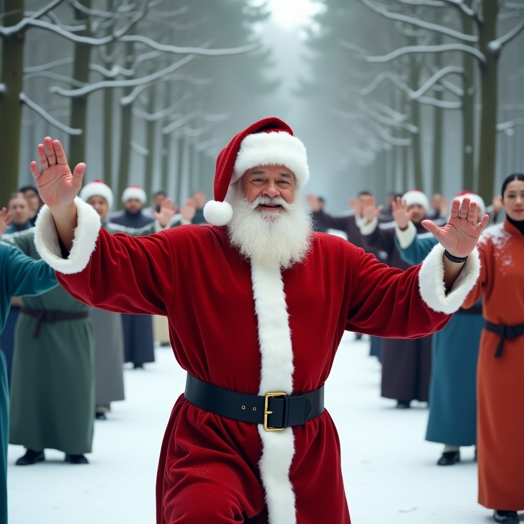 Cinematic image of Santa Claus practicing Tai Chi. Diverse people practicing Tai Chi in snowy woods. Wide shot shows Santa surrounded by individuals practicing different styles. Each person poses differently.