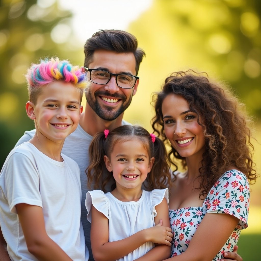 A family poses together outdoors. One son with colorful hair. One young daughter stands close. A handsome father shows pride. A beautiful mother radiates happiness. They smile naturally in a sunny setting.