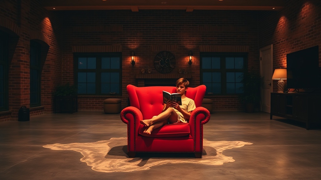 A young boy sits comfortably on a striking red armchair, deeply engrossed in reading a book. The scene is set in a spacious and warm-toned brick-walled room, with ambient lighting casting soft shadows. The cozy armchair stands out as the focal point against the earthy texture and subtle lighting of the interior, creating an atmosphere of calm and introspection.