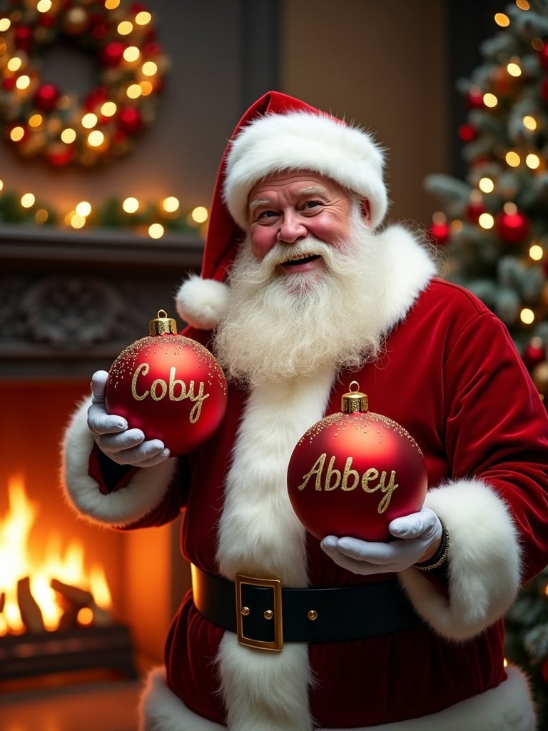 A jolly Father Christmas stands cheerfully, holding two large red baubles. One bauble has 'Coby' written on it and the other displays 'Abbey.' The baubles have golden detailing. Behind him, a cozy fireplace crackles, surrounded by fairy lights and a Christmas tree. The scene has falling snowflakes, enhancing the holiday vibe. He smiles joyfully, embodying festive spirit.