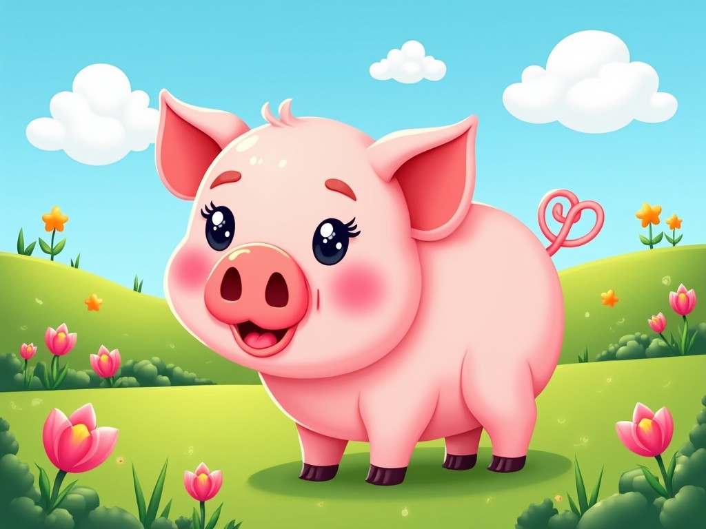 This image shows a cheerful cartoon pig standing in a vibrant green landscape. The background is filled with soft clouds and a bright blue sky, creating a joyful atmosphere. The pig has big, sparkling eyes and a cute expression with rosy cheeks. It stands among colorful flowers, giving a lively feel to the scene. The overall look is playful and ideal for children's content.