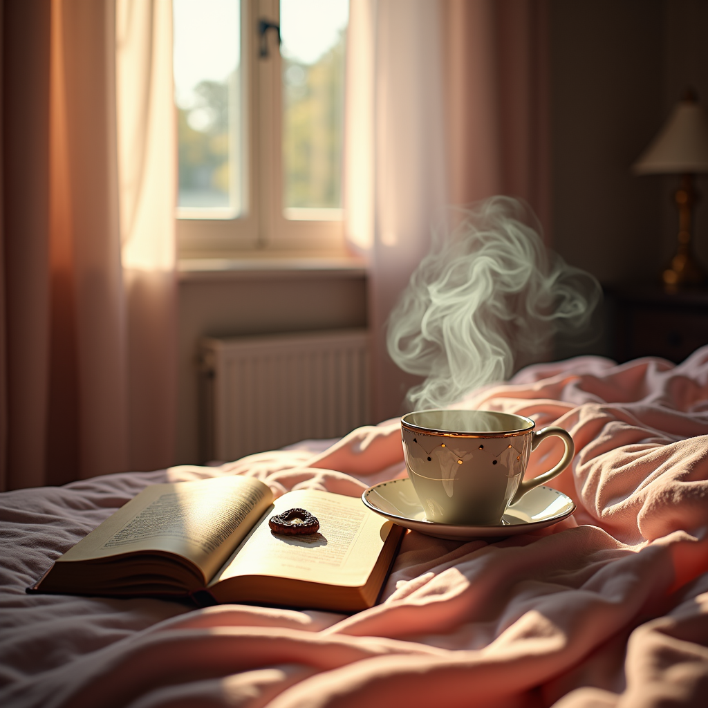 A steaming cup of tea sits on a bed next to an open book, with sunlight streaming through a window.