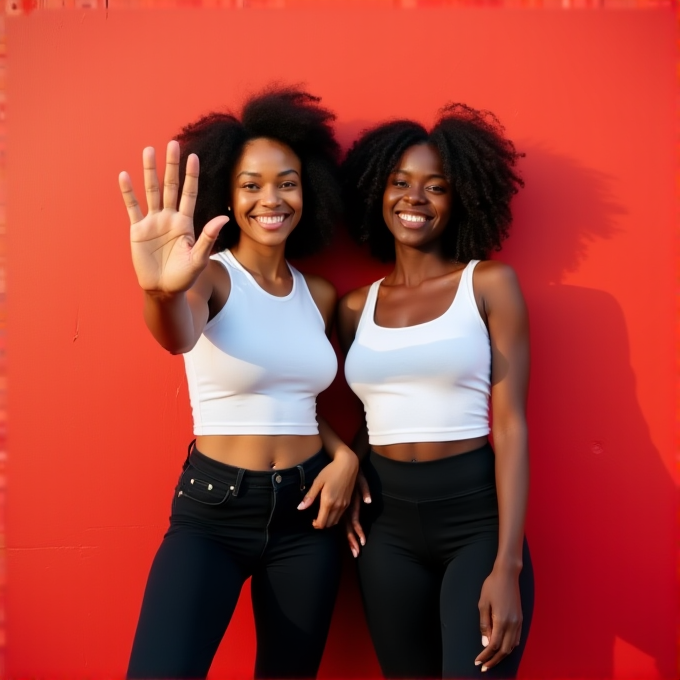 Two women with natural hairstyles stand against a vibrant red wall, both smiling warmly while wearing matching white crop tops and black pants; one extends her hand playfully towards the camera.