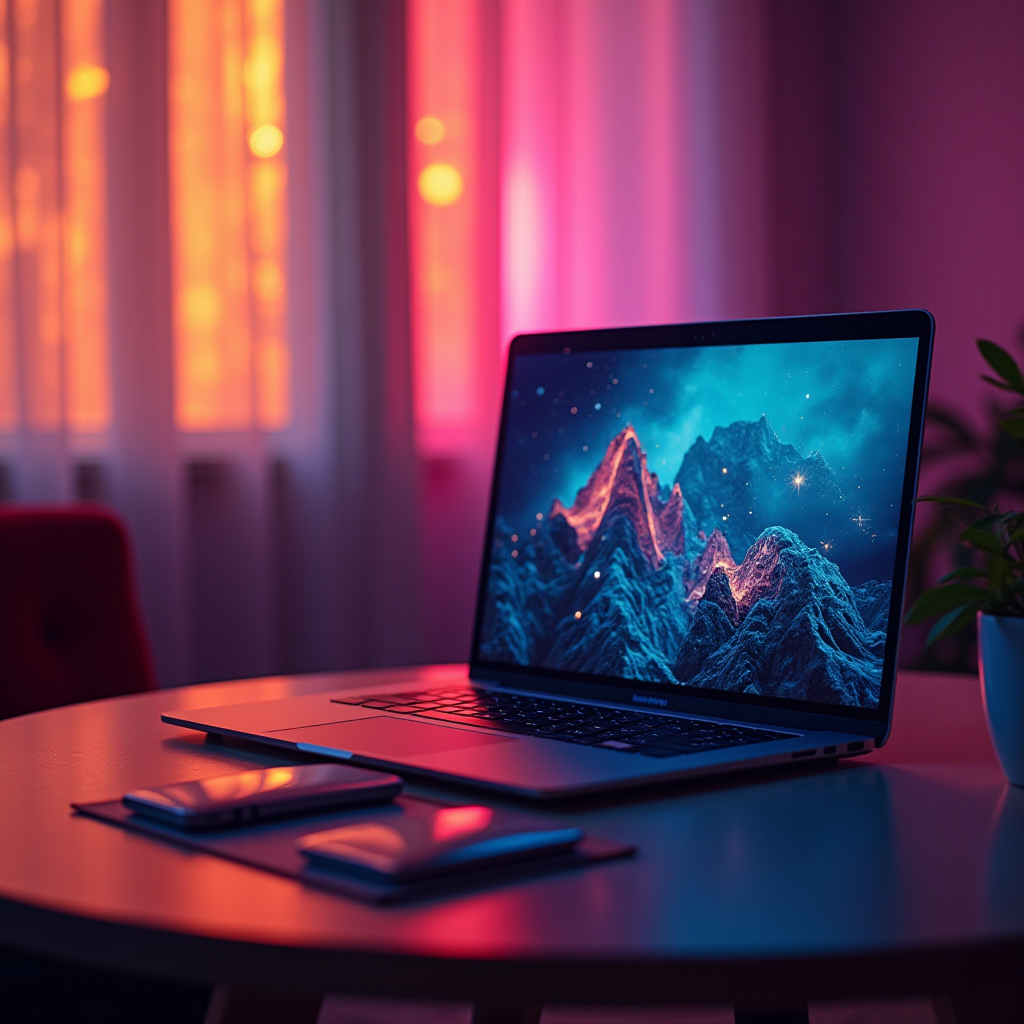 A laptop on a round table with a glowing mountain landscape screensaver, under warm, ambient pink and orange lighting from nearby windows.