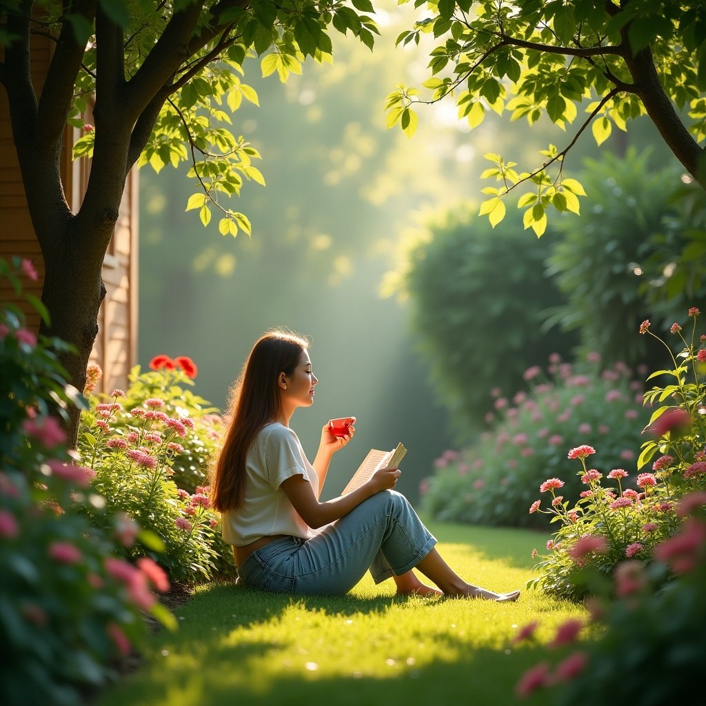 A lady sitting comfortably in a backyard surrounded by flowers. She enjoys reading a book in a peaceful garden. Sunlight filters through the trees, creating a calming atmosphere.