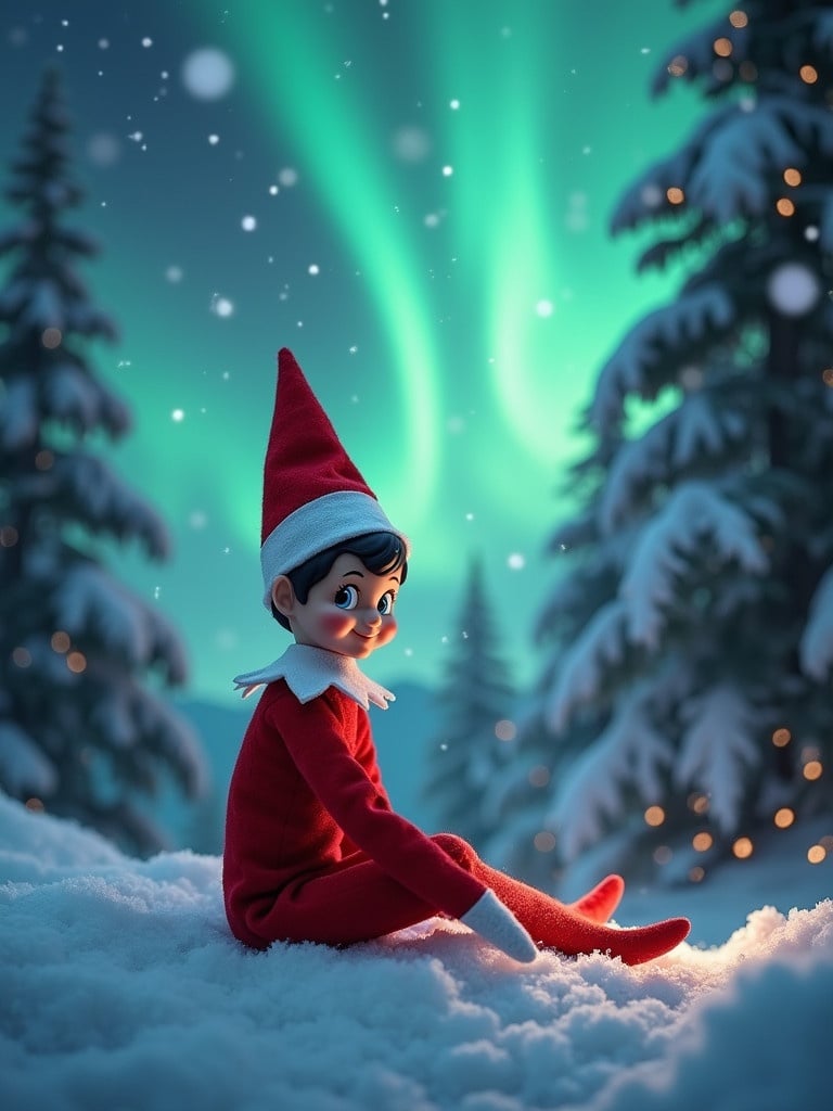 A boy elf on the shelf sits quietly in a snowy forest. The scene features vibrant northern lights in the background. The elf wears a red outfit and is surrounded by snow and pine trees.