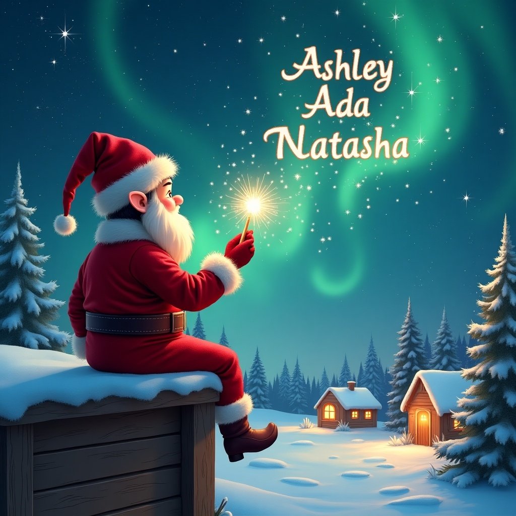 Father Christmas sits on a wooden ledge with its back to the camera. Elf dressed in red holds a sparkling wand. Elf elegantly writes names in the starry sky. The background features a snowy landscape with houses and evergreen trees under Northern Lights. Whimsical scene captures childhood magic.