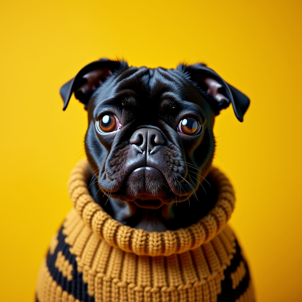 A cute black pug wearing a cozy, striped sweater gazes with expressive eyes against a vibrant yellow background.