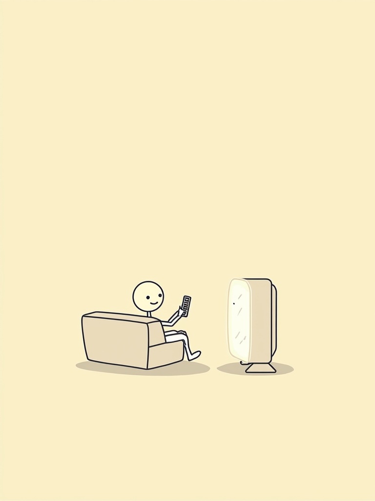 Stick figure sits on a couch. Stick figure holds a TV remote. Stick figure smiles lazily. TV displays vague shapes of entertainment. Minimalistic art style with a beige background.