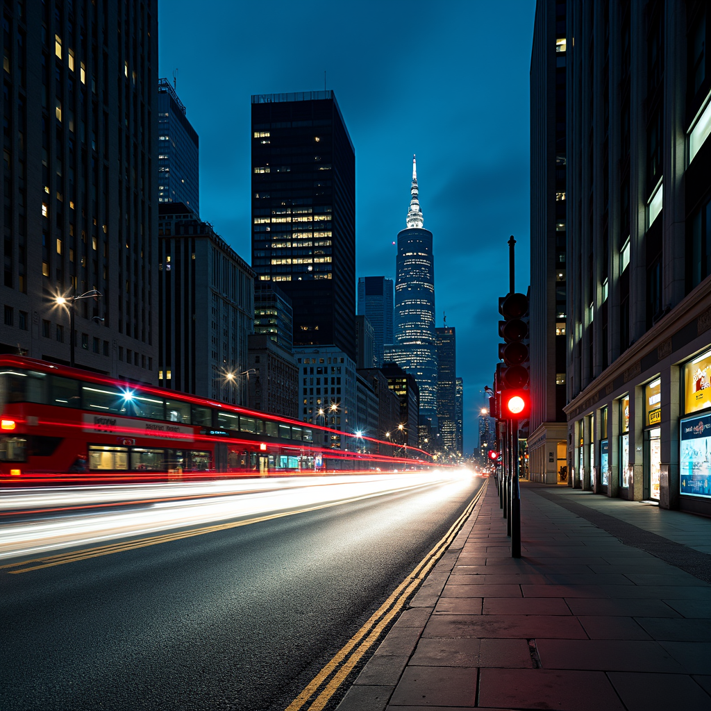 A bustling city street at dusk with light trails from a passing red double-decker bus against a backdrop of illuminated skyscrapers.