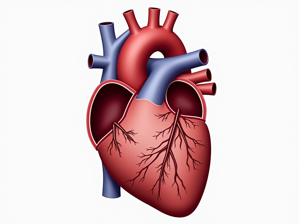 The image is a detailed and colorful illustration of a human heart, showcasing its complex structure with arteries and veins. The heart is depicted in realistic shades of red and blue, emphasizing the contrasts between oxygenated and deoxygenated blood vessels. The simple white background ensures that the attention remains focused on the anatomy of the heart.