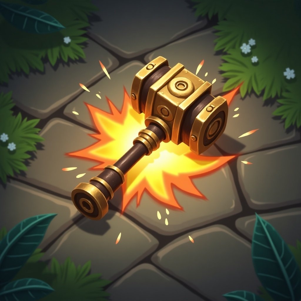 The image showcases an ability icon inspired by fantasy gaming, particularly reminiscent of League of Legends. At its center, a striking golden hammer is depicted, poised to slam down onto the stone path below. The hammer showcases intricate designs that embody fantasy elements, increasing its appeal to gamers. Surrounding the hammer is a powerful glowing light, symbolizing its explosive impact upon collision. In the backdrop, a stone path encased by lush green foliage sets a vibrant and immersive game-like environment.