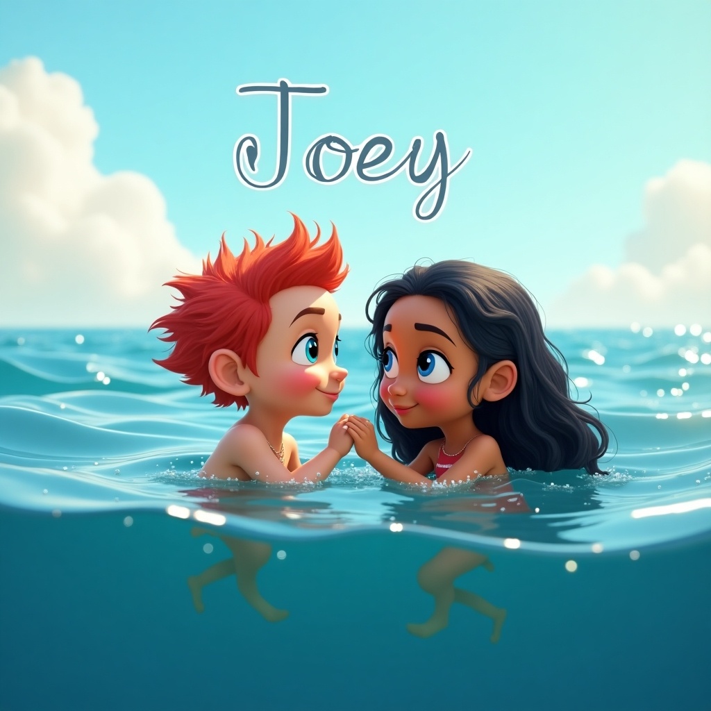 A scene featuring a little boy with short red hair and blue eyes, inspired by the Pixie Elf on the Shelf, smiling and holding hands with a girl resembling Moana. They are enjoying a sunny day in the clear blue sea. The name 'Joey' is playfully written in the sky above them. The characters are cheerful and magical, creating a sense of adventure and friendship. This image captures the essence of childhood wonder and imagination.