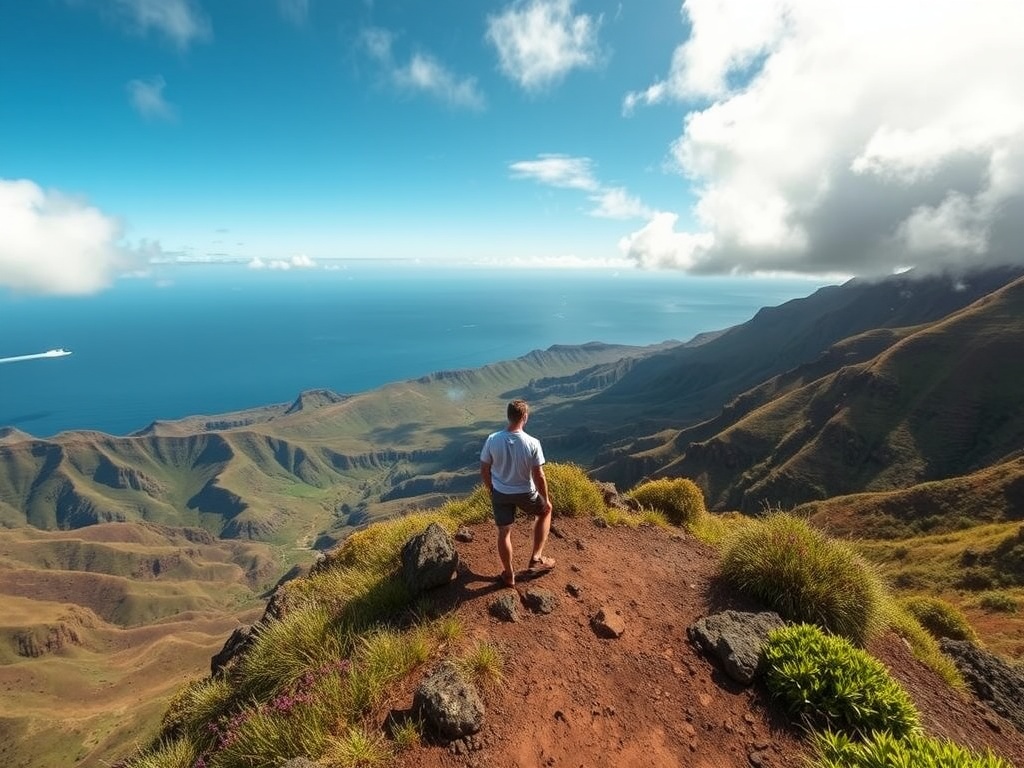 A lone hiker stands at a majestic vantage point, overlooking a lush, expansive landscape that leads to an ocean horizon. The scene is framed by vivid green vegetation, rugged cliffs, and a bright blue sky dotted with fluffy, white clouds. The perspective from behind the hiker captures the vastness and beauty of the natural world, evoking inspiration and freedom.