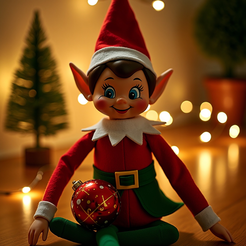 The image showcases a cheerful elf doll, commonly associated with Christmas, depicted in a cozy indoor setting. The elf is dressed in vibrant red and green attire, featuring a signature pointed hat and a playful smile. Surrounding the elf are twinkling fairy lights and a small Christmas tree, enhancing the festive ambiance. A decorative ornament rests in the elf's lap, adding to the holiday spirit. The warm lighting creates an inviting atmosphere, perfect for the season of joy and celebration.