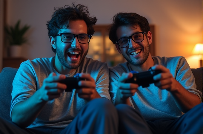 Two friends wearing glasses are joyfully playing video games on a couch.