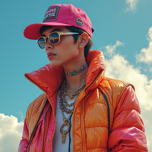 Extreme high fashion featuring a stylish person with vibrant colors and accessories. The look combines street wear with anime aesthetics. Futuristic and opulent elements are present, creating a unique and rare fashion statement.