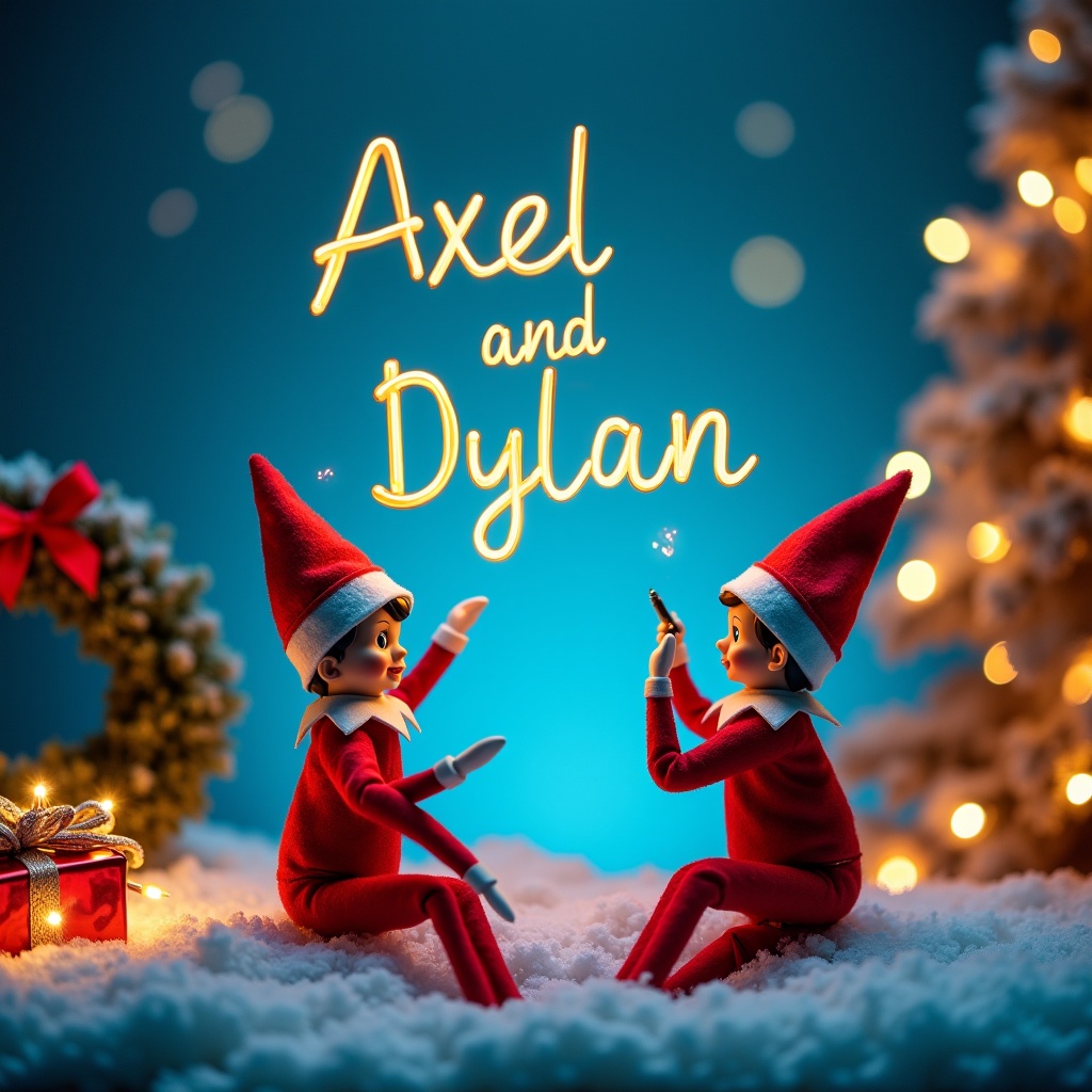 Christmas scene with neon blue sky and snowy ground. Two elves on the shelf write names Axel and Dylan in the sky with a golden pen. Background of Christmas lights, a wreath, and a gift box. Elves wear red outfits and hats. Image glows warmly.