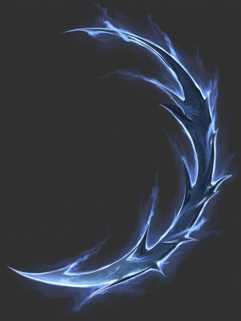 A beautiful ethereal blade with a crescent shape. The blade emits dark blue light with swirling shadows around it. Background is dark to enhance the glow of the blade. It is designed for swift attacks against enemies. The artistic style is vibrant and mystical.