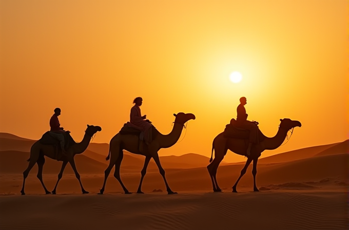 Silhouettes of three people riding camels across the desert at sunset, with the sun low in the sky casting a golden hue.